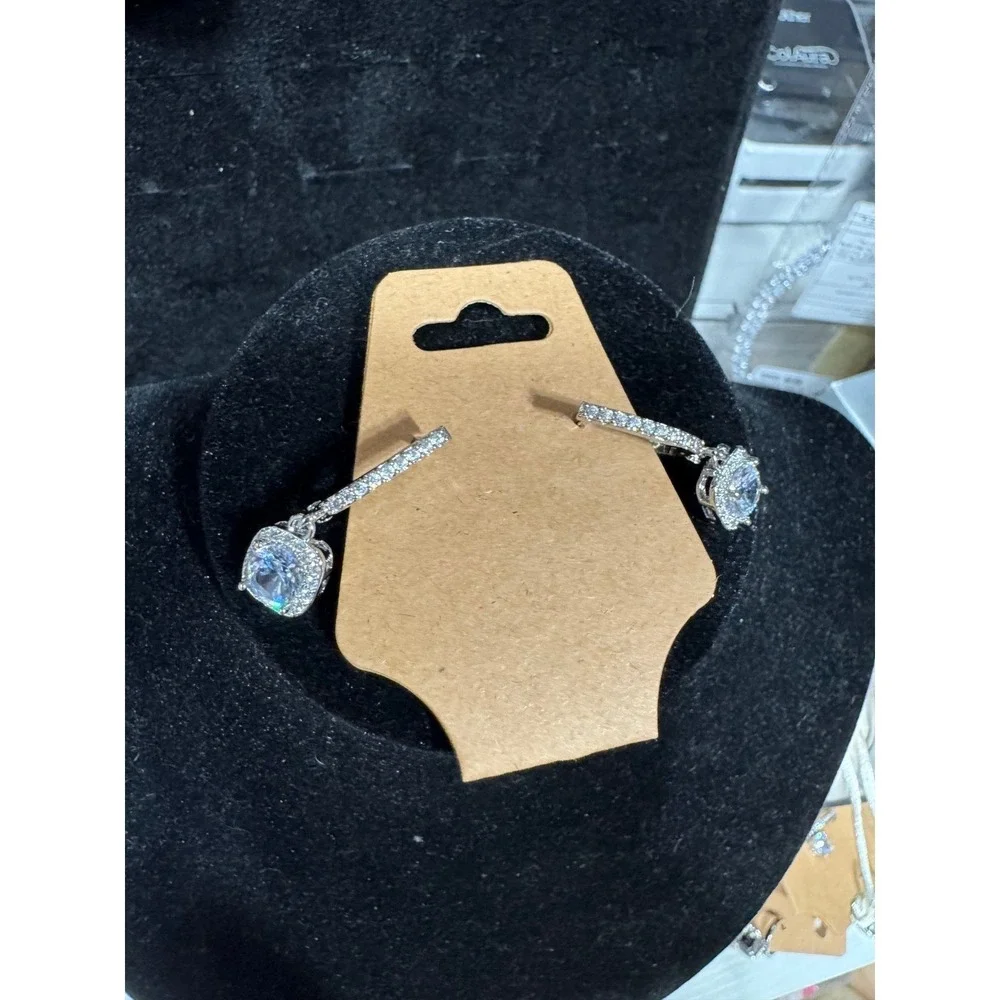 Silver Cushion Cut Halo Drop Earrings Cubic‎ Zirconia Pave Linear Dangle Bridal